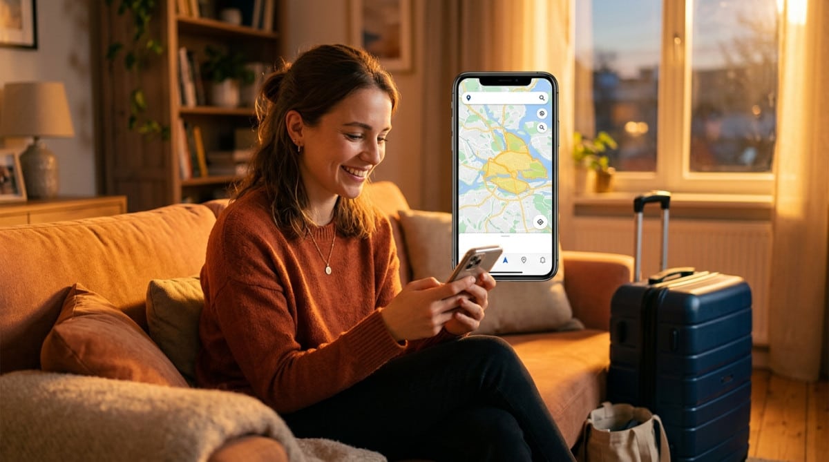 Femme préparant sa carte Google Maps sur son canapé