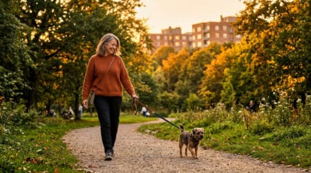 Femme promenant son chien dans un parc urbain ensoleillé