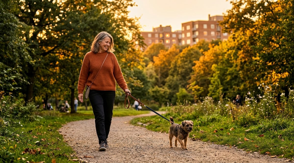 Femme promenant son chien dans un parc urbain ensoleillé