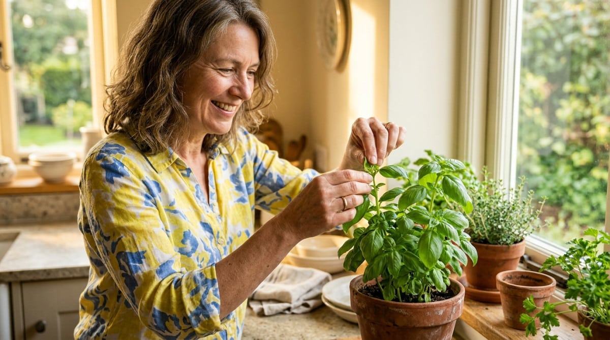 Femme qui pince une tige de basilic au-dessus des feuilles