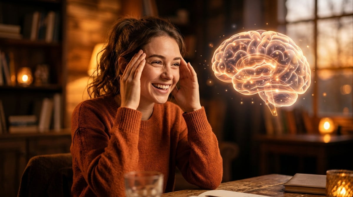 Femme qui se tient les tempes avec un cerveau lumineux