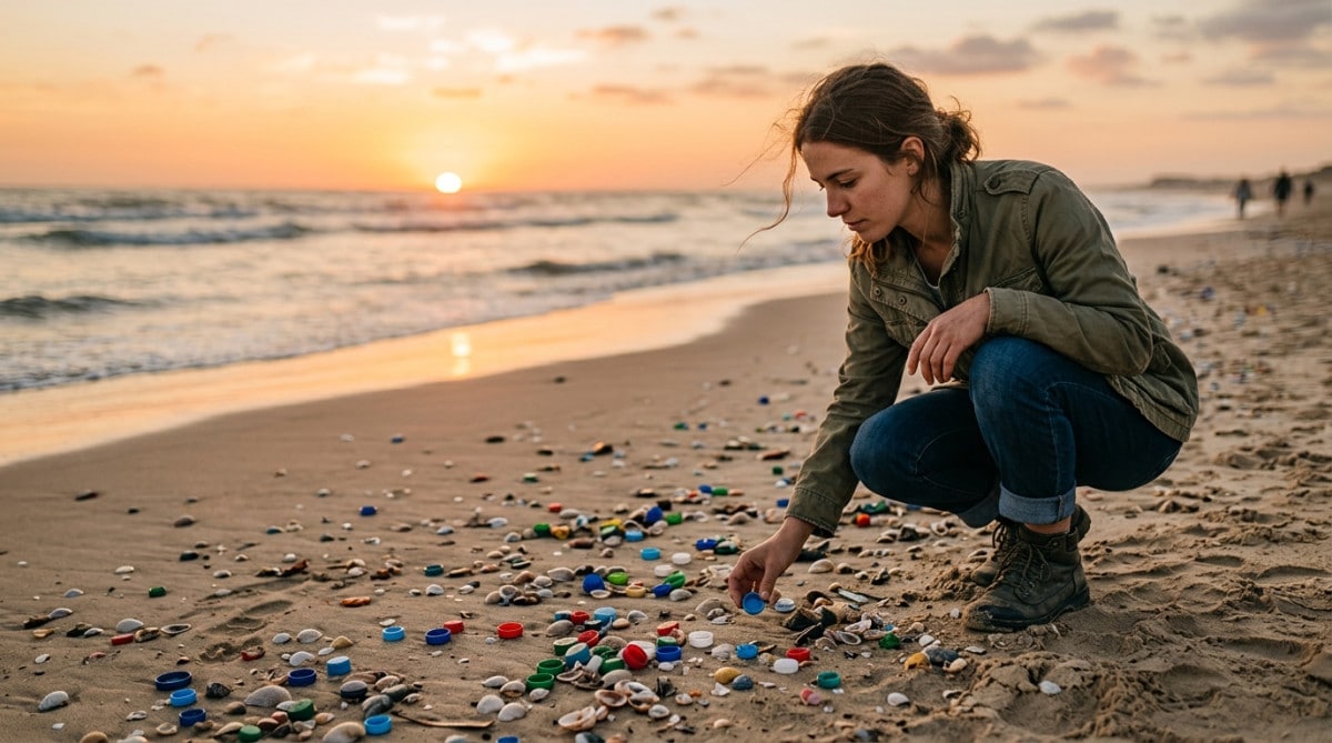 Femme ramassant des bouchons en plastique sur une plage
