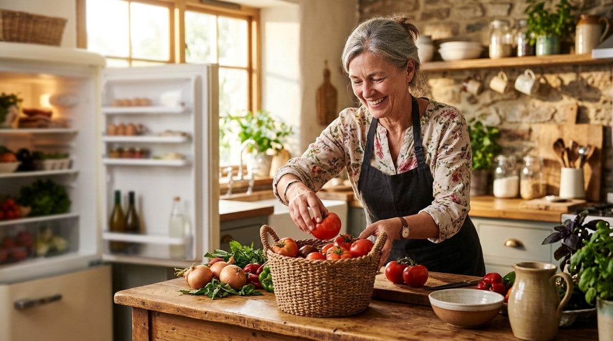 Femme rangeant des tomates dans un panier en osier