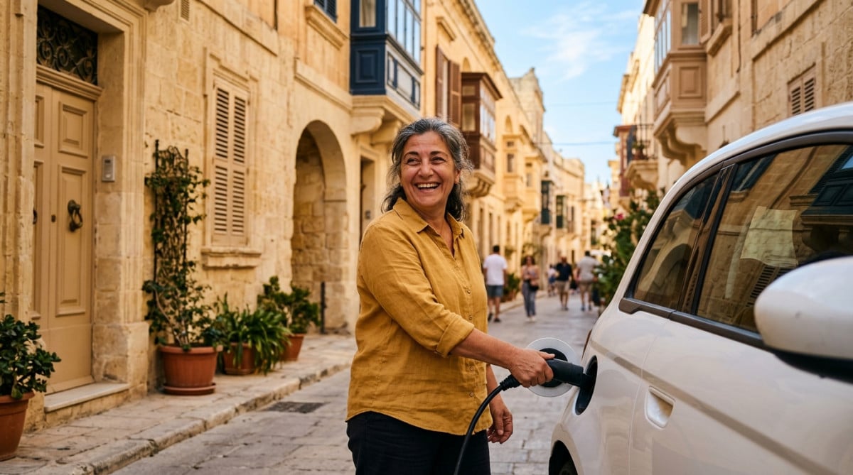 Femme rechargeant une voiture électrique à Malte