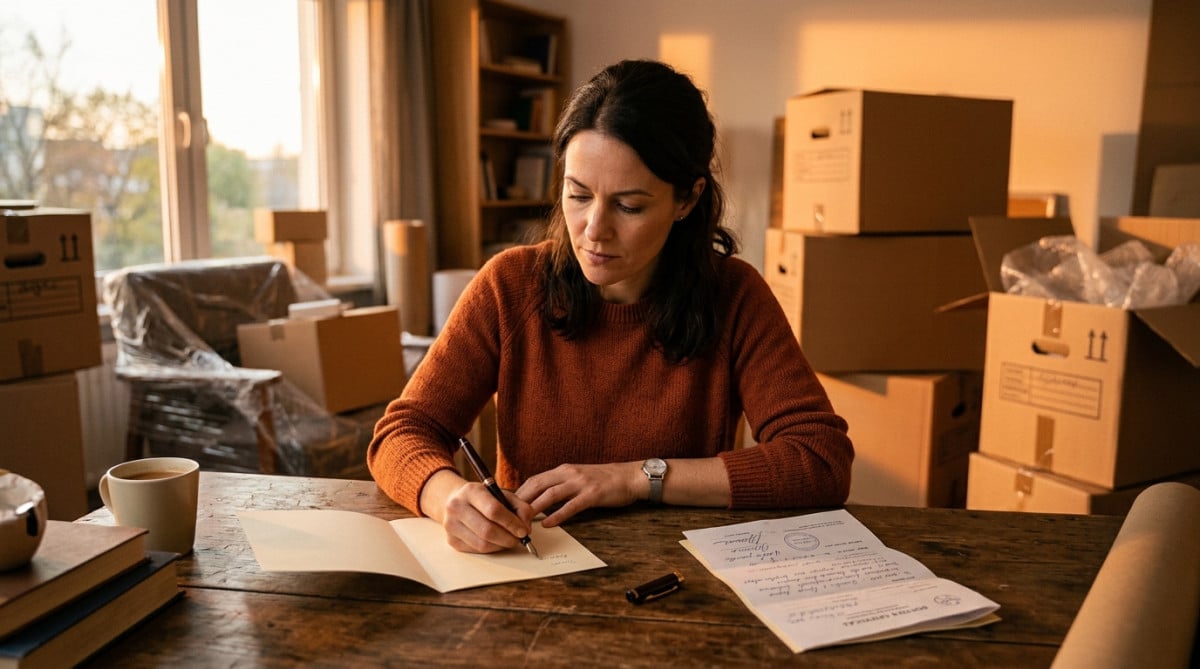 Femme rédigeant une lettre de résiliation près de cartons de déménagement