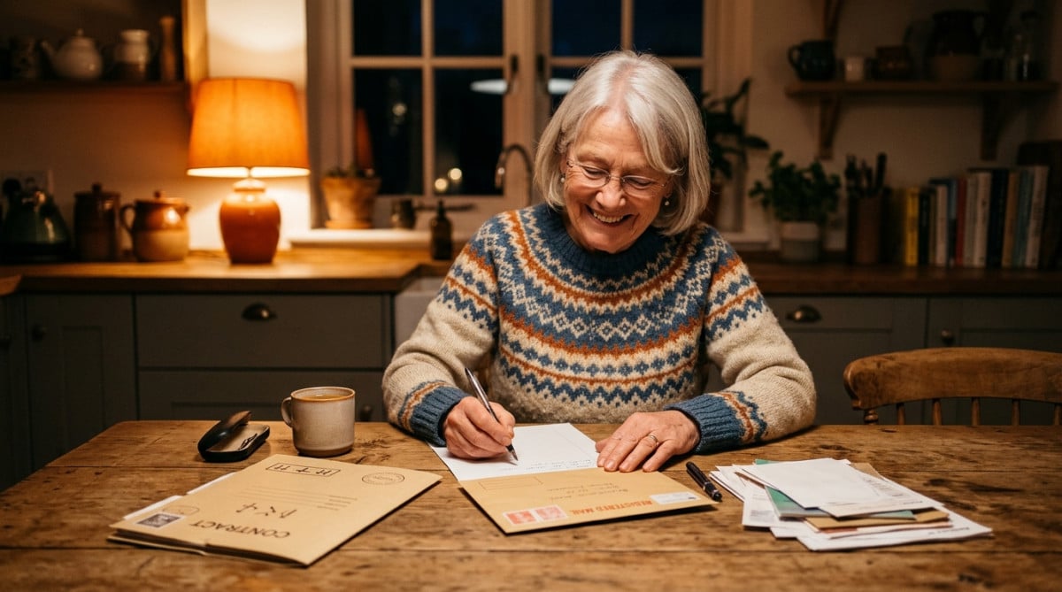 Femme rédigeant une lettre de rétractation à sa table