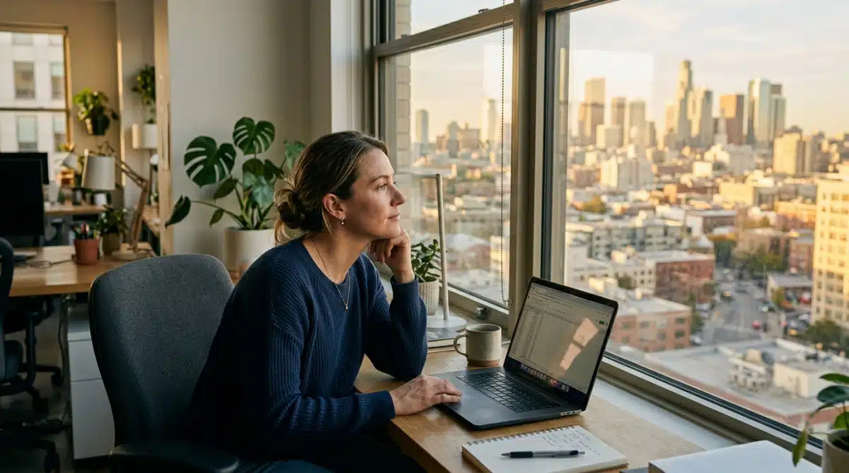 Femme regardant au loin par la fenêtre devant son ordinateur