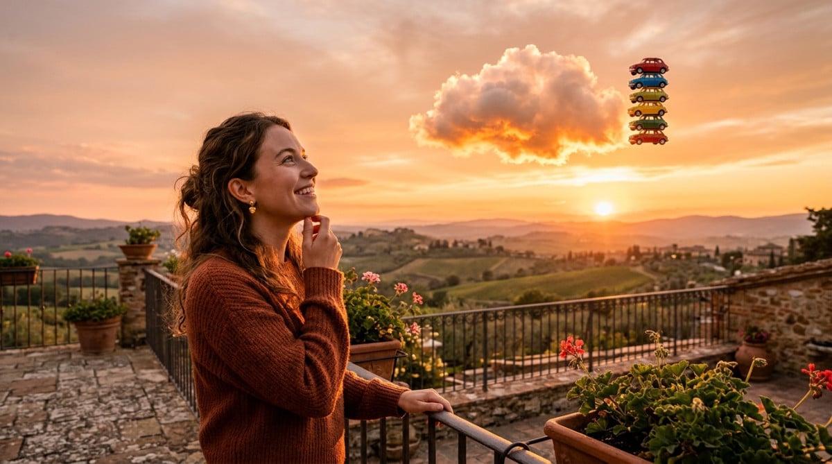 Femme regardant un cumulus doré depuis sa terrasse