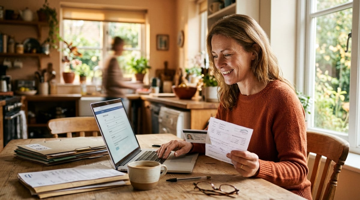 Femme remplissant un formulaire en ligne avec ses justificatifs
