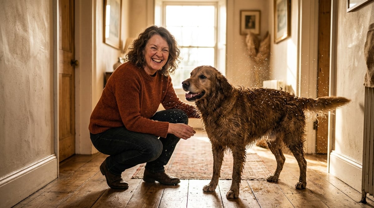Femme se pinçant le nez devant un golden retriever mouillé