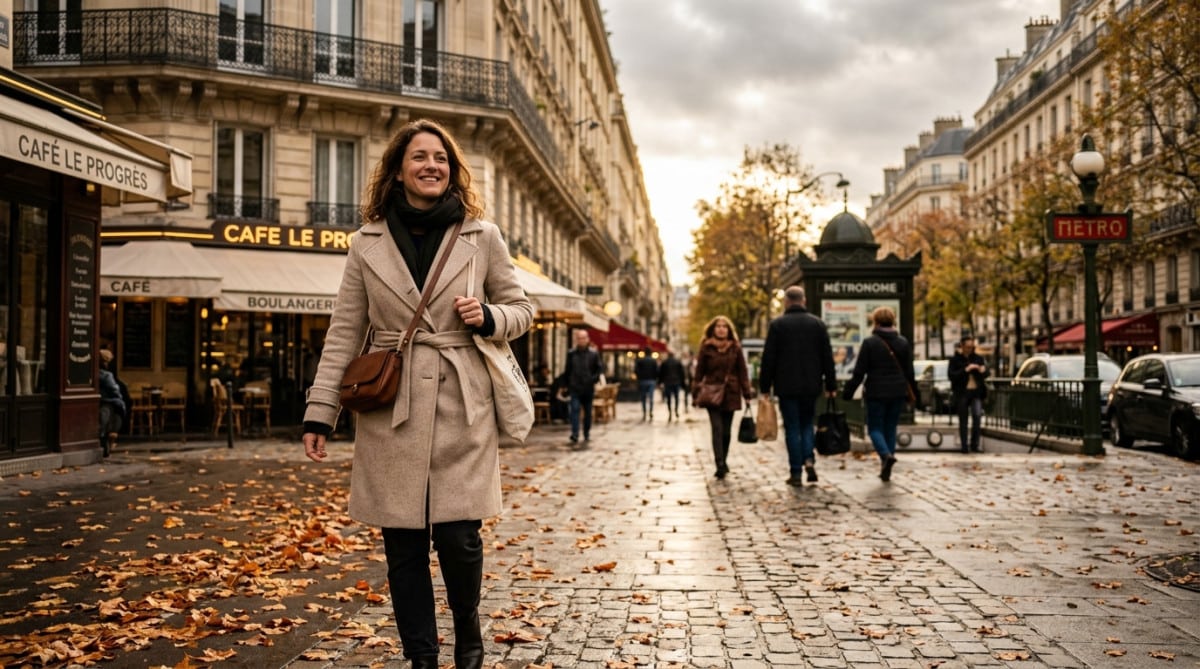 Femme se promenant à Paris par une douce matinée d'octobre