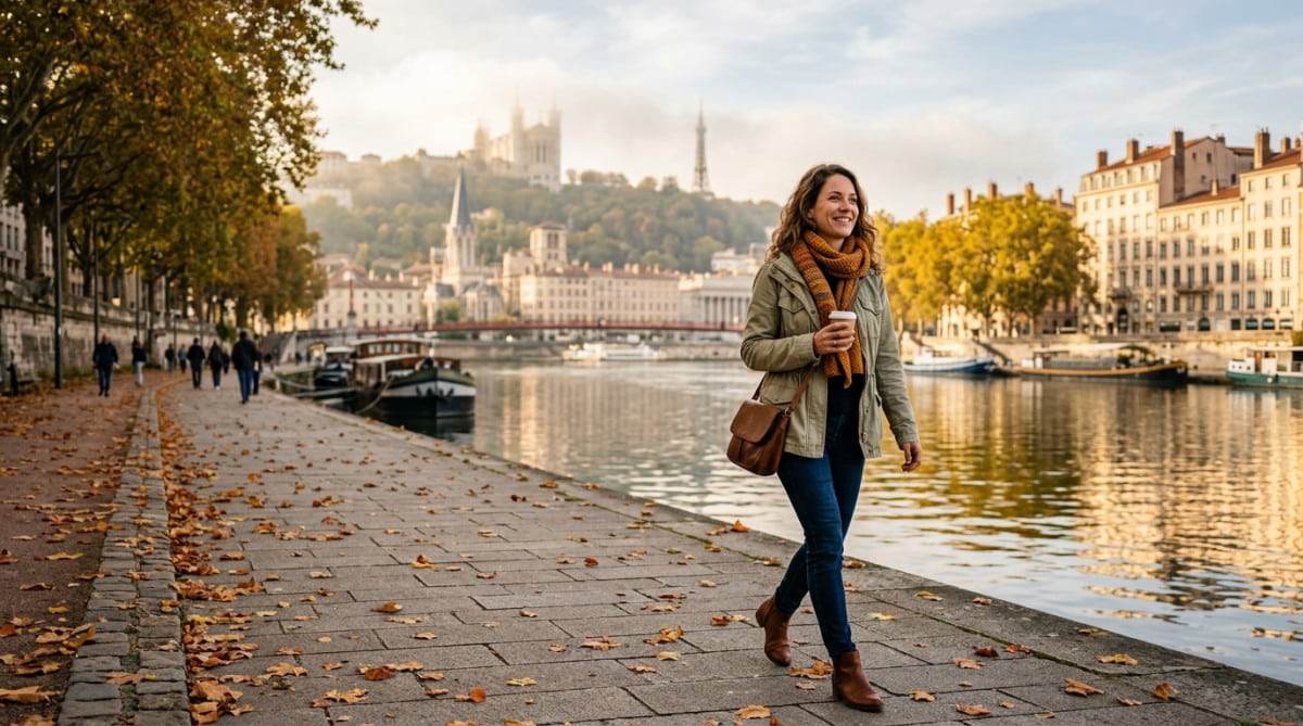 Femme se promenant au bord du Rhône à Lyon par temps doux