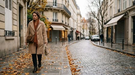 Femme se promenant sous un ciel gris d'automne