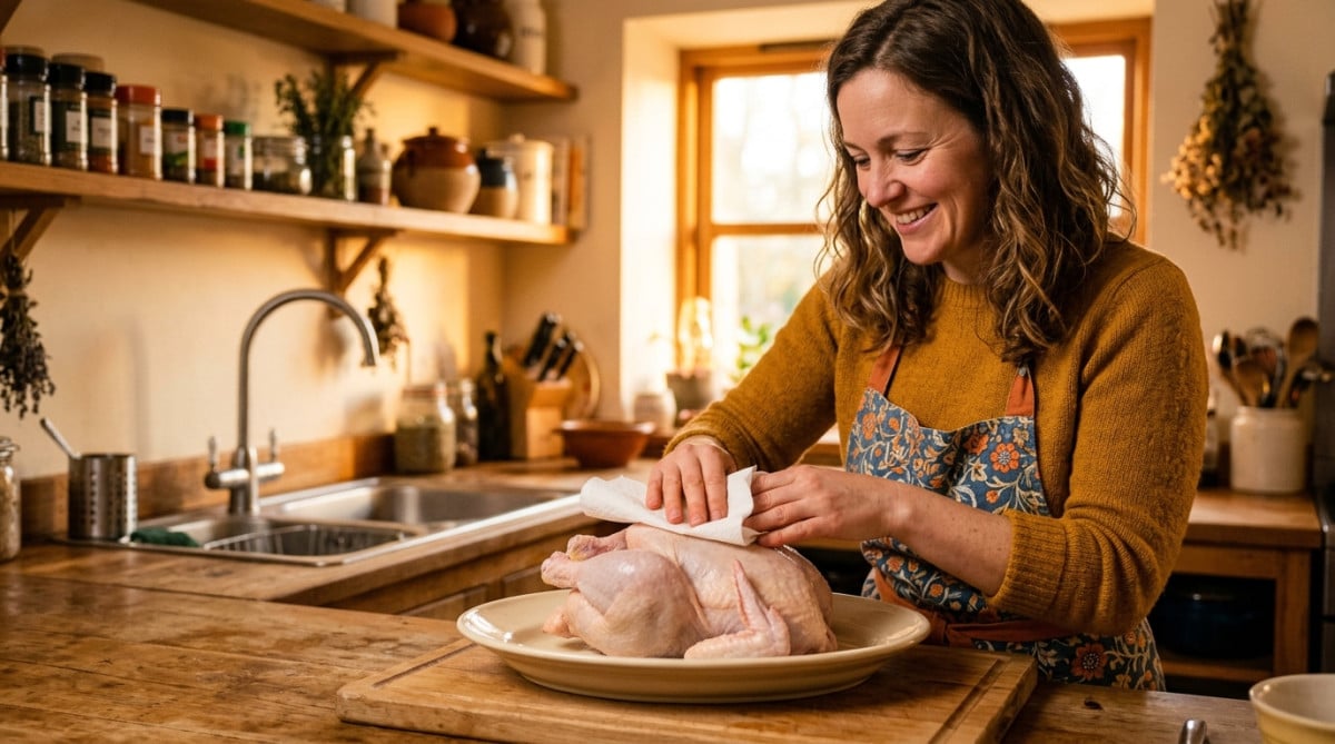 Femme séchant un poulet cru avec du papier absorbant