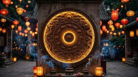 Femme sereine en méditation au coucher du soleil dans une ambiance mystique d'astrologie chinoise