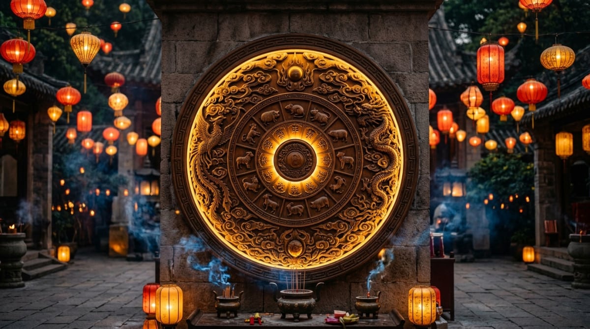 Femme sereine en méditation au coucher du soleil dans une ambiance mystique d'astrologie chinoise