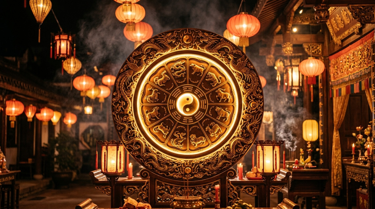 Femme sereine entourée de lanternes dorées dans une ambiance mystique pour l'horoscope chinois du 13 octobre 2026