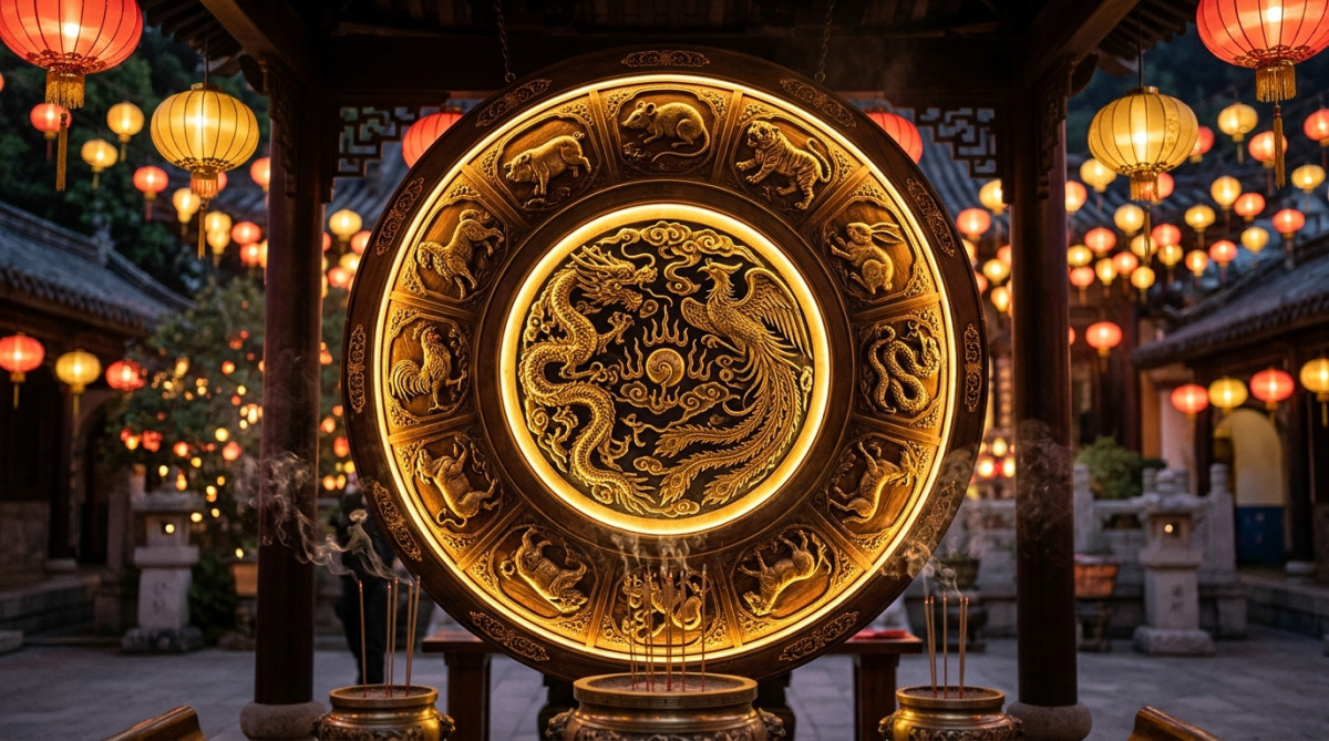 Femme sereine entourée de lanternes dorées dans une ambiance mystique pour l'horoscope chinois du 22 octobre 2026