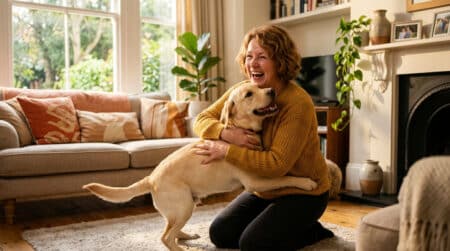 Femme serrant dans ses bras un jeune labrador