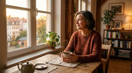 Femme seule dans sa cuisine, thé chaud