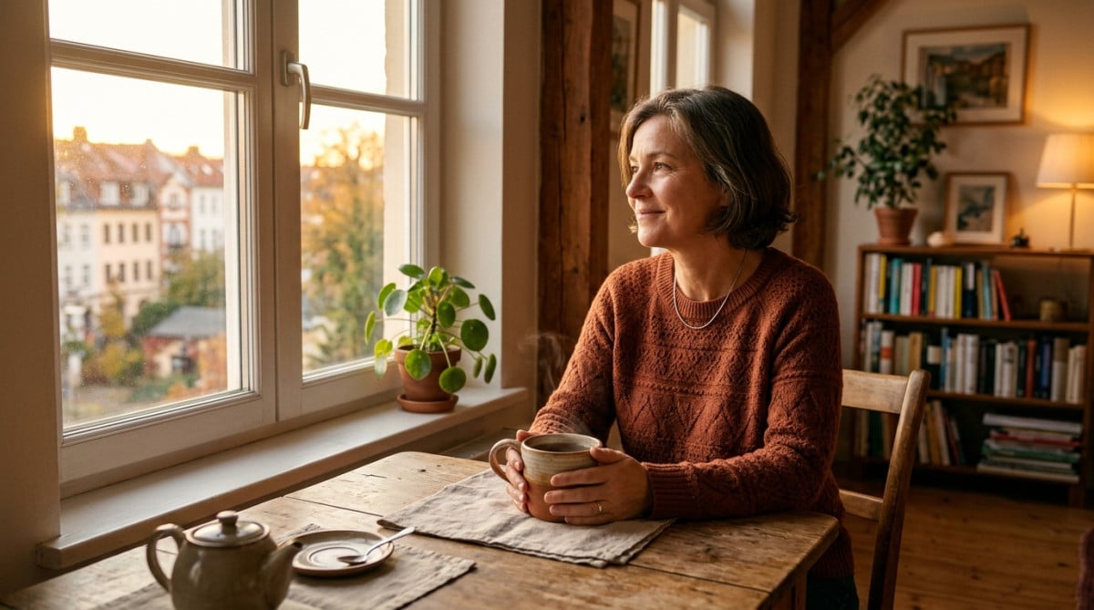 Femme seule dans sa cuisine, thé chaud