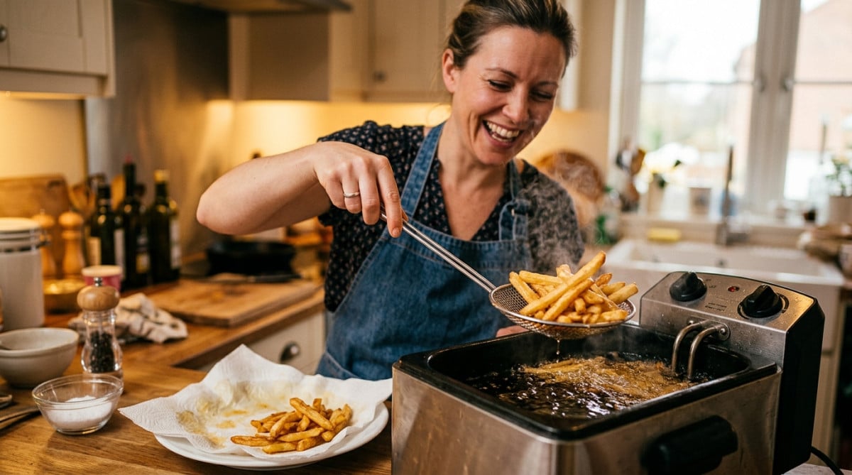 Femme sortant des frites dorées de la friteuse
