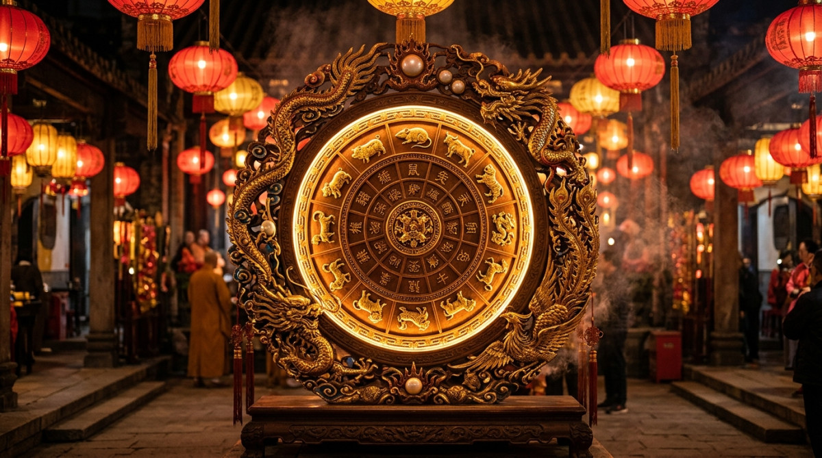 Femme souriante buvant un thé au coucher du soleil entourée de lanternes rouges pour l'horoscope chinois du 24 octobre 2026