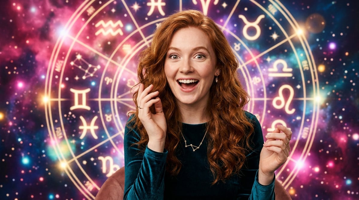 Femme souriante buvant un thé devant une fenêtre sous un ciel mystique d'automne pour l'horoscope du 1er novembre 2026
