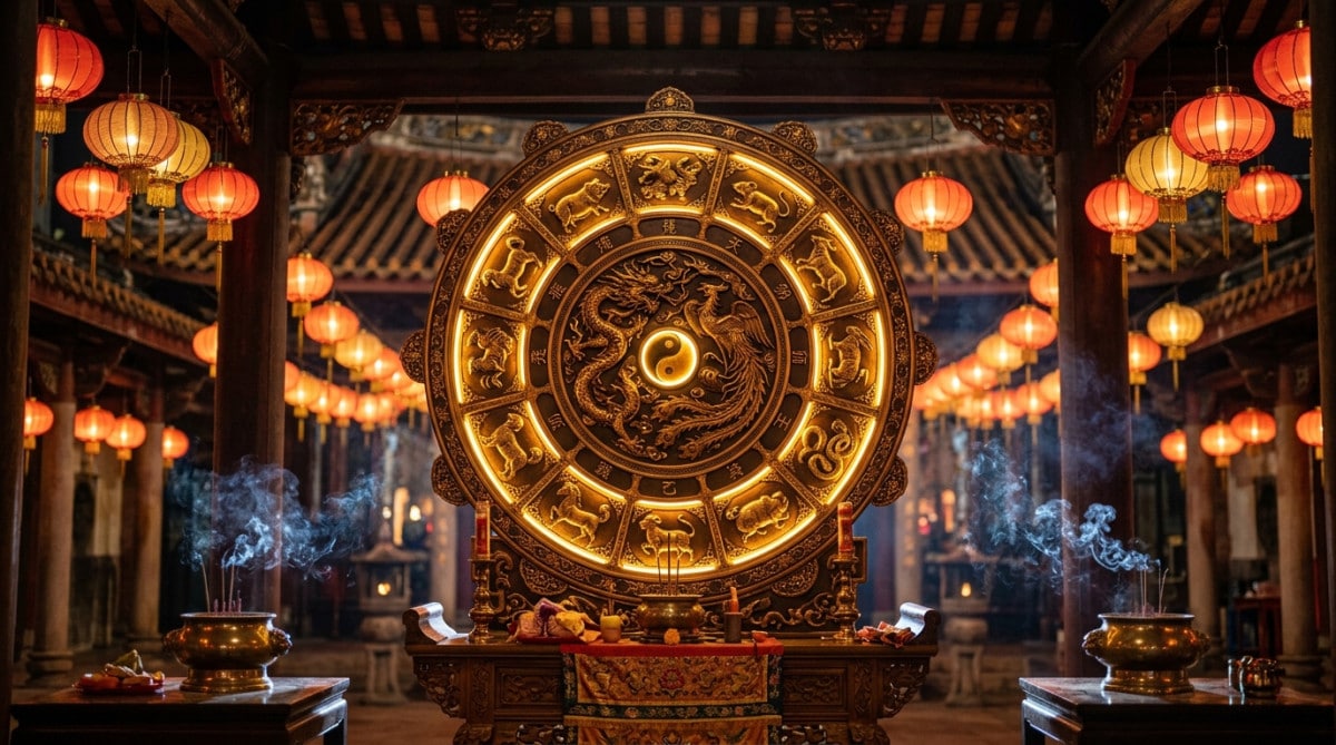 Femme souriante buvant un thé près d'une fenêtre dans une ambiance mystique chinoise lumineuse