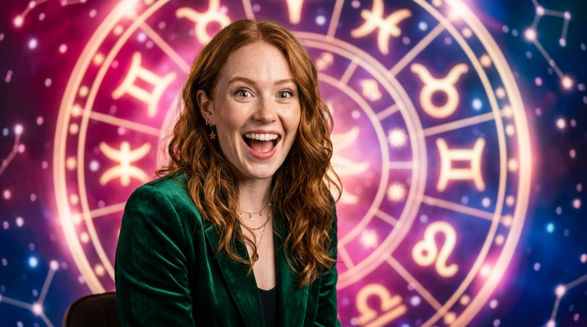 Femme souriante contemplant un ciel doré rempli de planètes lumineuses pour l'horoscope du lundi 19 octobre 2026