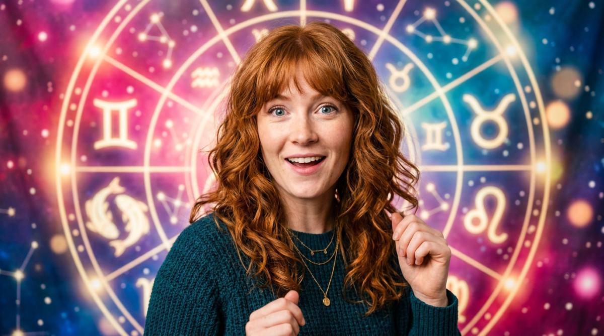 Femme souriante contemplant un ciel étoilé doré et une lune croissante pour l'horoscope du 13 octobre 2026