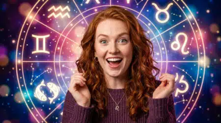 Femme souriante contemplant un ciel étoilé doré pour l'horoscope du lundi 5 octobre 2026