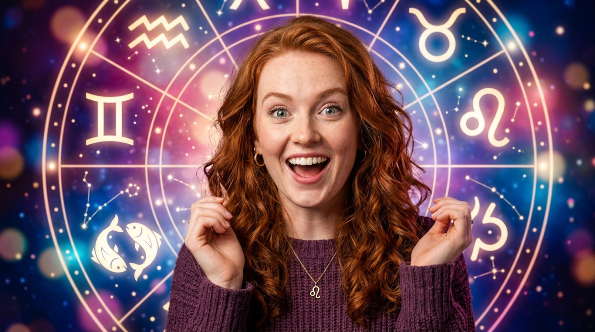 Femme souriante contemplant un ciel étoilé doré pour l'horoscope du lundi 5 octobre 2026