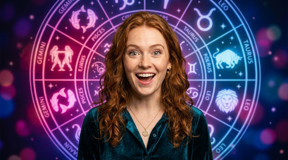 Femme souriante contemplant un ciel étoilé doré pour l'horoscope du 15 octobre 2026