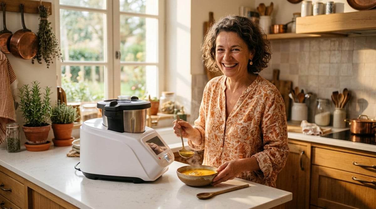 Femme souriante dans sa cuisine avec un robot cuiseur