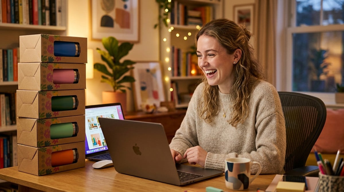 Femme souriante devant un blog et des cartons de gourdes colorées