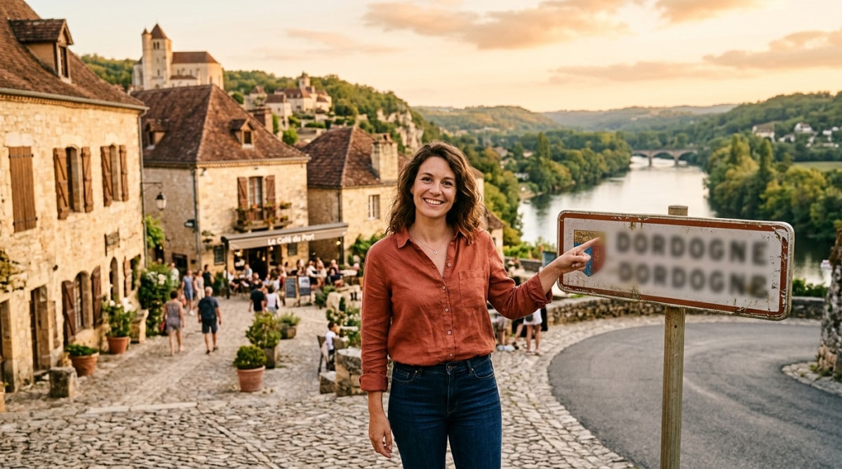 Femme souriante devant un panneau de département au bord d'une rivière