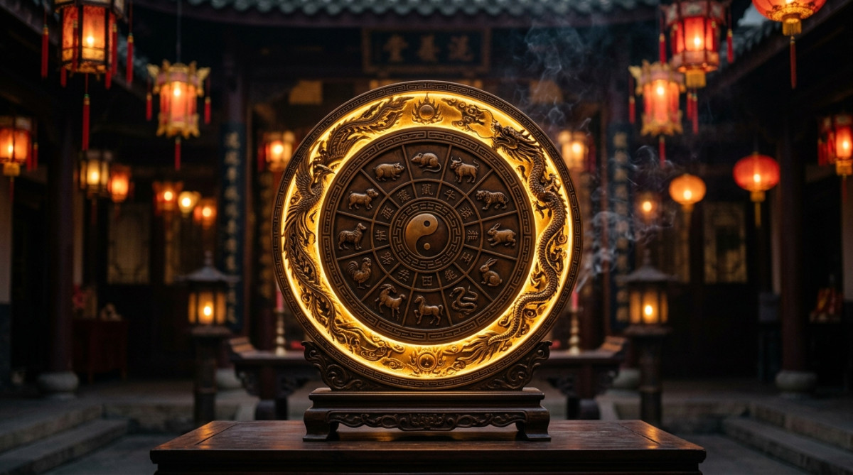 Femme souriante entourée de lanternes dorées dans une ambiance mystique pour l'horoscope chinois du 5 octobre 2026