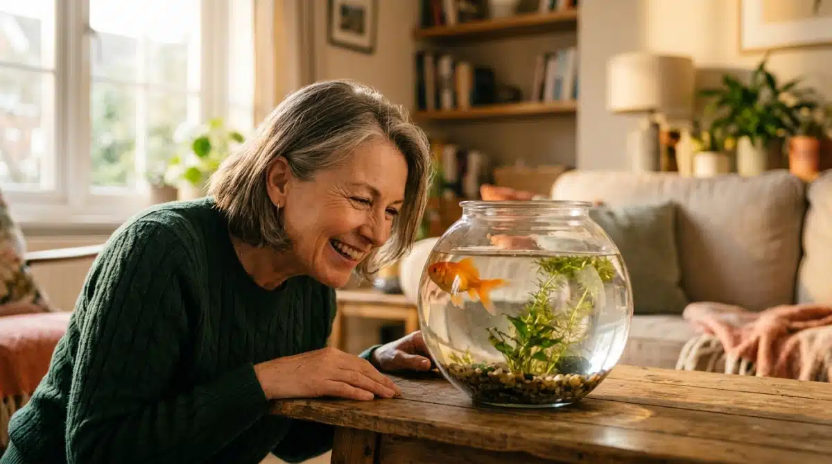 Femme souriante face à un poisson rouge dans son bocal