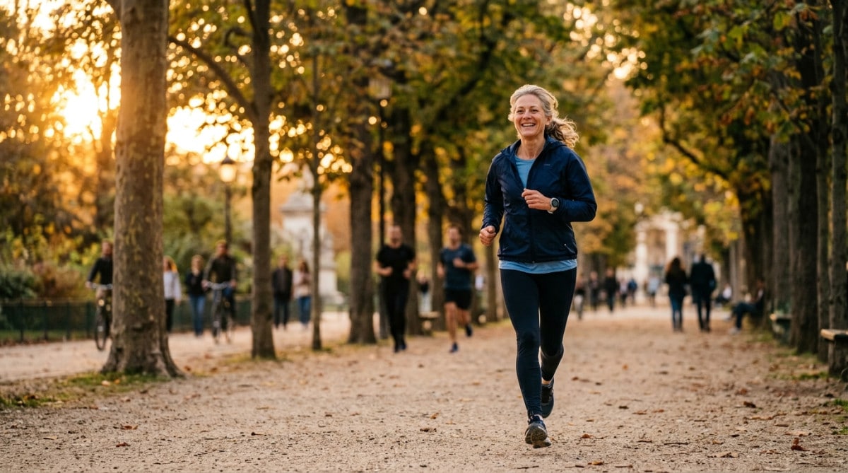 Femme souriante qui court dans un parc au coucher du soleil