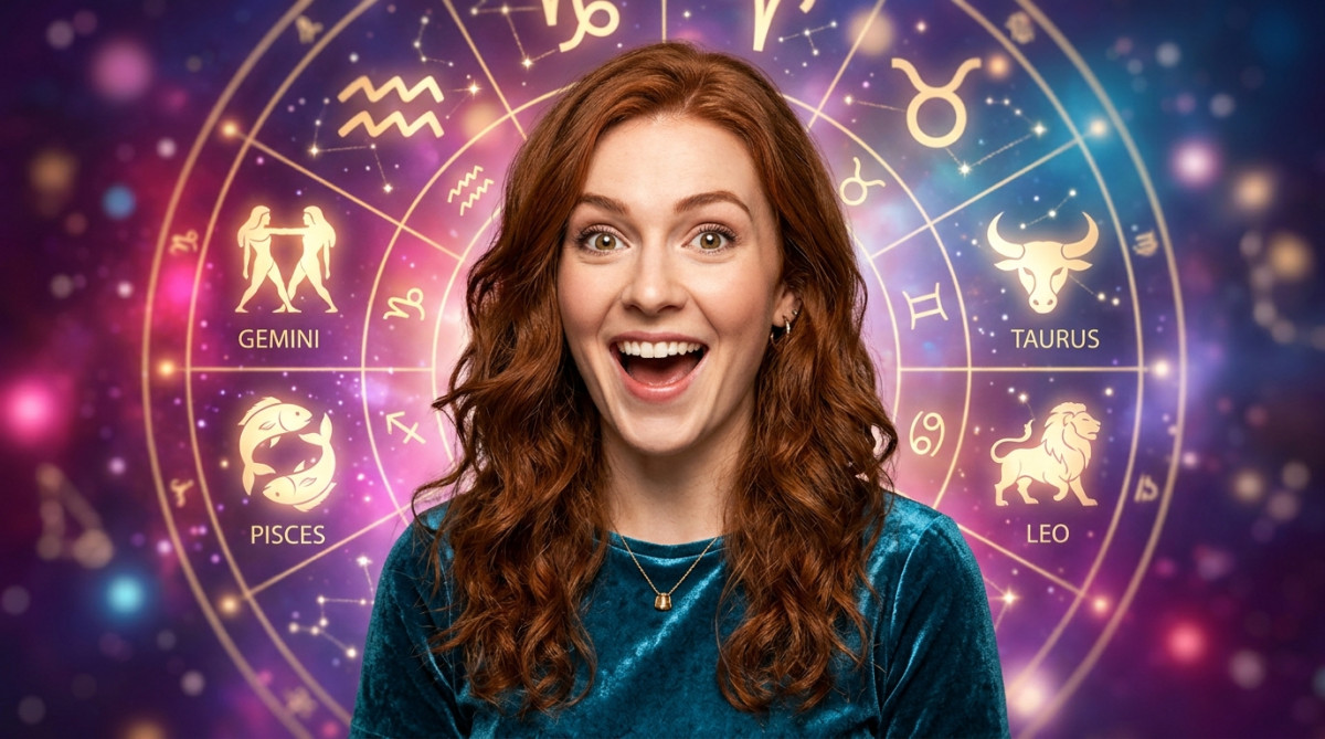 Femme souriante sous un ciel étoilé doré, ambiance mystique pour l'horoscope du 22 octobre 2026