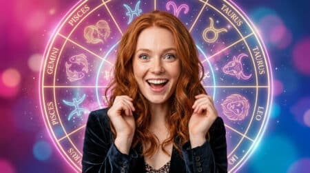 Femme souriante sous un ciel étoilé doré évoquant l'horoscope du vendredi 2 octobre 2026