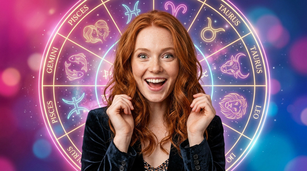 Femme souriante sous un ciel étoilé doré évoquant l'horoscope du vendredi 2 octobre 2026