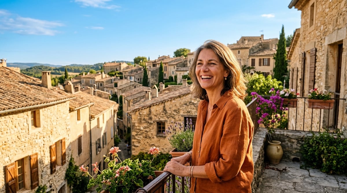 Femme souriante sur une terrasse ensoleillée en Provence
