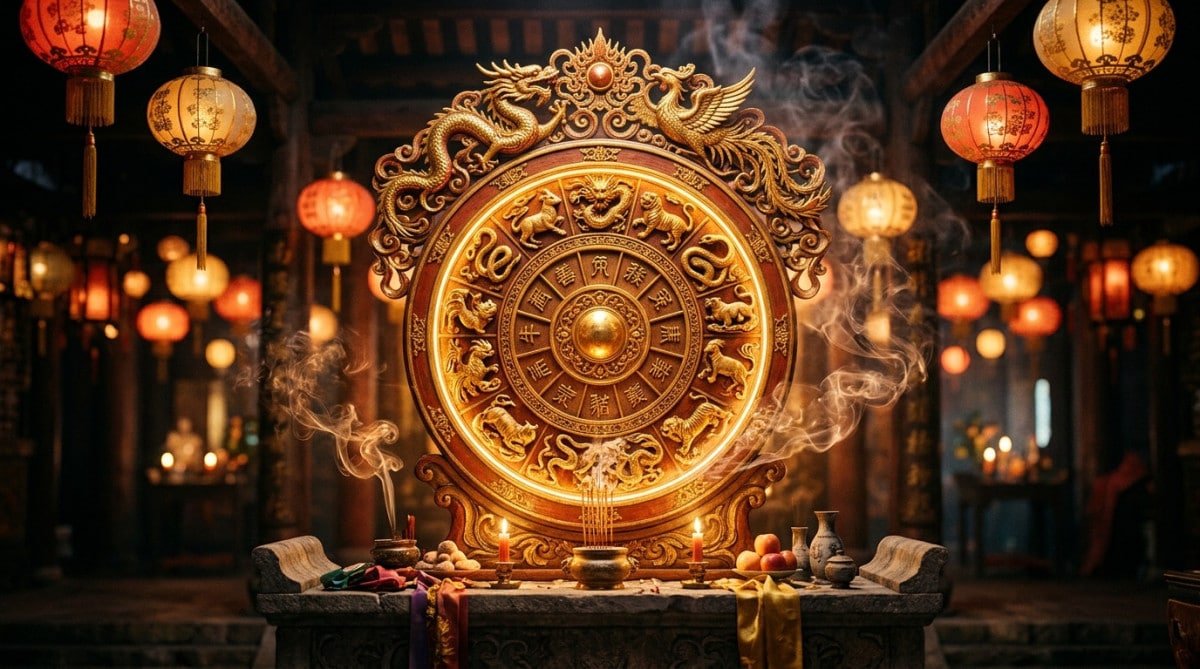 Femme souriante tenant une lanterne lumineuse dans un jardin mystique aux couleurs chaudes, ambiance horoscope chinois