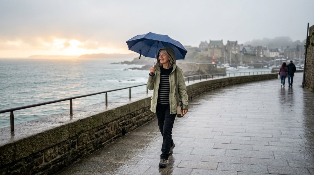Femme sous la bruine sur le front de mer breton