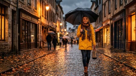 Femme sous la pluie avec un parapluie dans le Nord