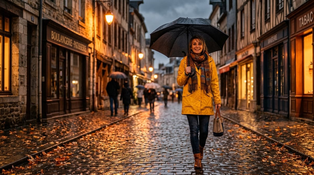 Femme sous la pluie avec un parapluie dans le Nord