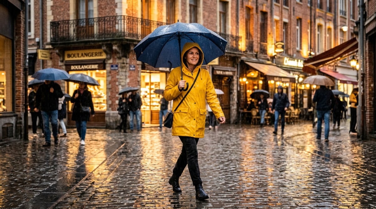 Femme sous la pluie avec un parapluie dans une rue de Lille