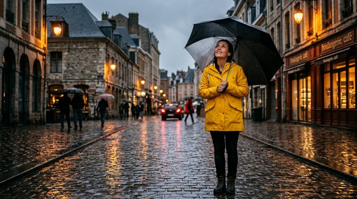 Femme sous la pluie avec un parapluie dans une ville du Nord